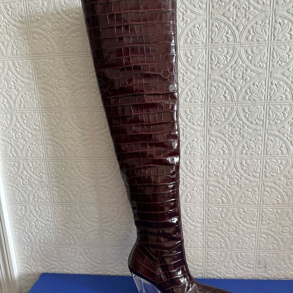 Stuart Weitzman LUCITE 100 WEDGE BOOT AS SEEN ON KIM KARDASHIAN Size 7.5 Plum - Picture 10 of 11